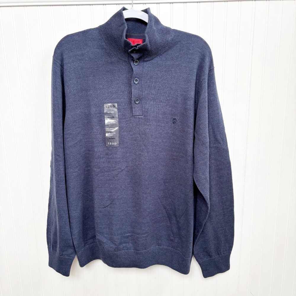 Izod Luxury Sport Navy Blue Mock Neck Henley Sweater Men’s Size XL NEW